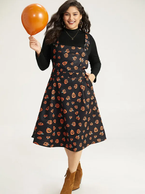 Halloween Pocket Pumpkin Print Overall Cami Dress sold by Bloomchic