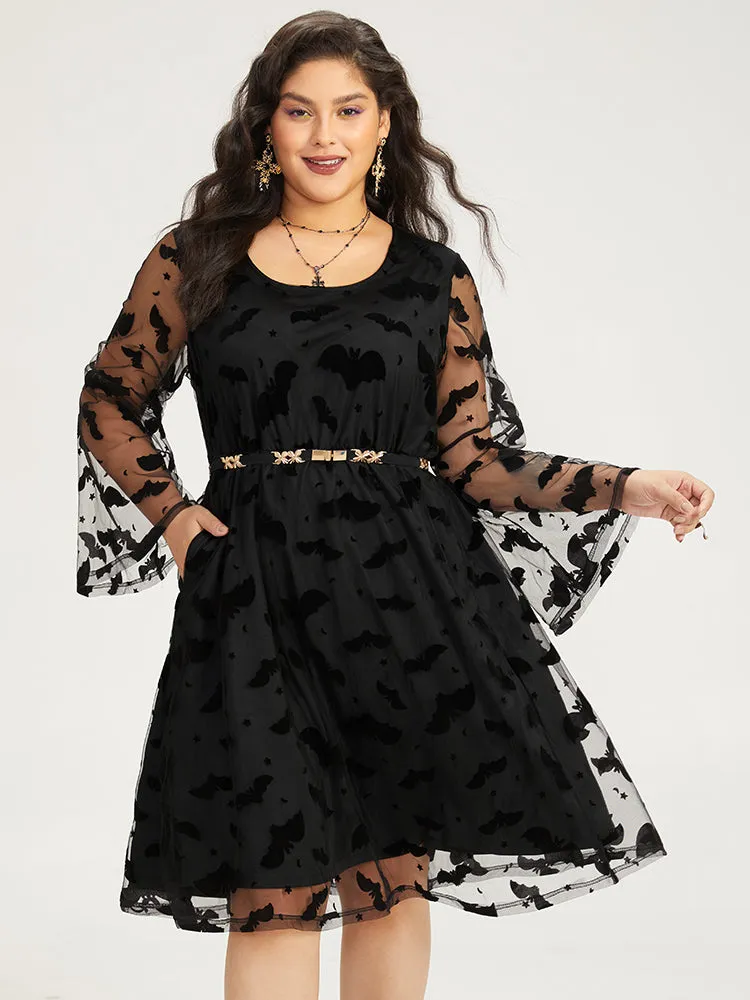Halloween Bat Print Mesh Long Sleeve Dress sold by Bloomchic