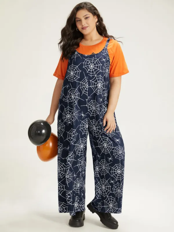 Halloween Spider Web Print Pocket Overall Cami Jumpsuit sold by Bloomchic
