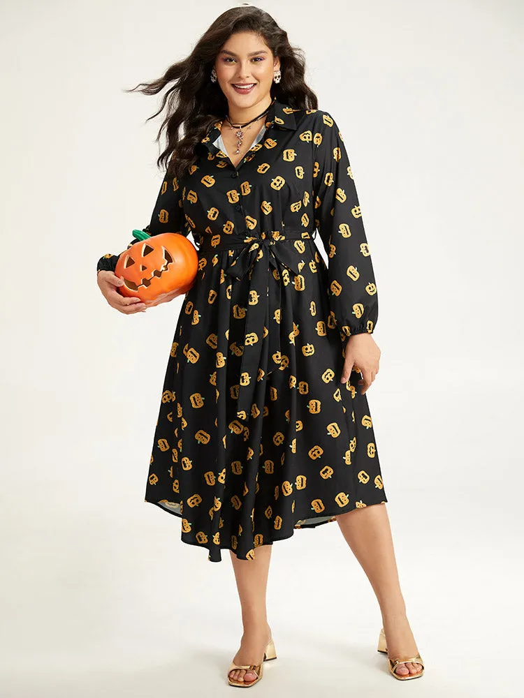 Halloween Pumpkin Print Shirt Collar Belted Button Dress sold by Bloomchic product image thumbnail 4