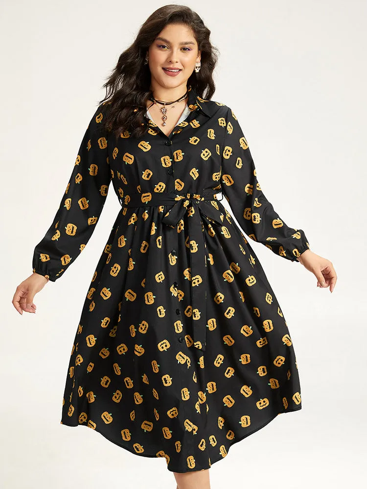 Halloween Pumpkin Print Shirt Collar Belted Button Dress sold by Bloomchic