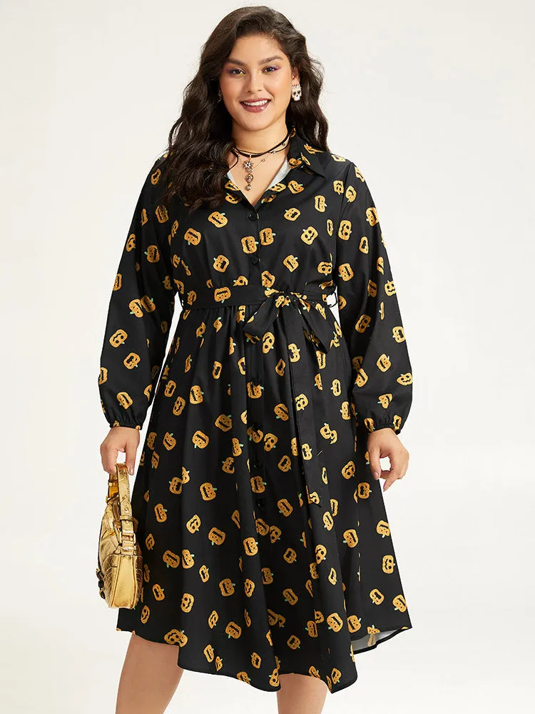 Halloween Pumpkin Print Shirt Collar Belted Button Dress sold by Bloomchic product image thumbnail 5