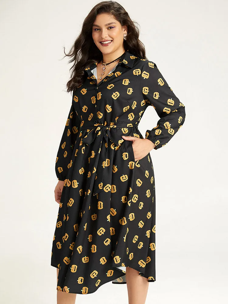 Halloween Pumpkin Print Shirt Collar Belted Button Dress sold by Bloomchic product image thumbnail 2
