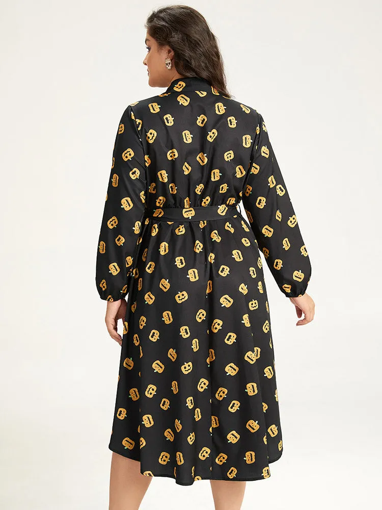 Halloween Pumpkin Print Shirt Collar Belted Button Dress sold by Bloomchic product image thumbnail 3