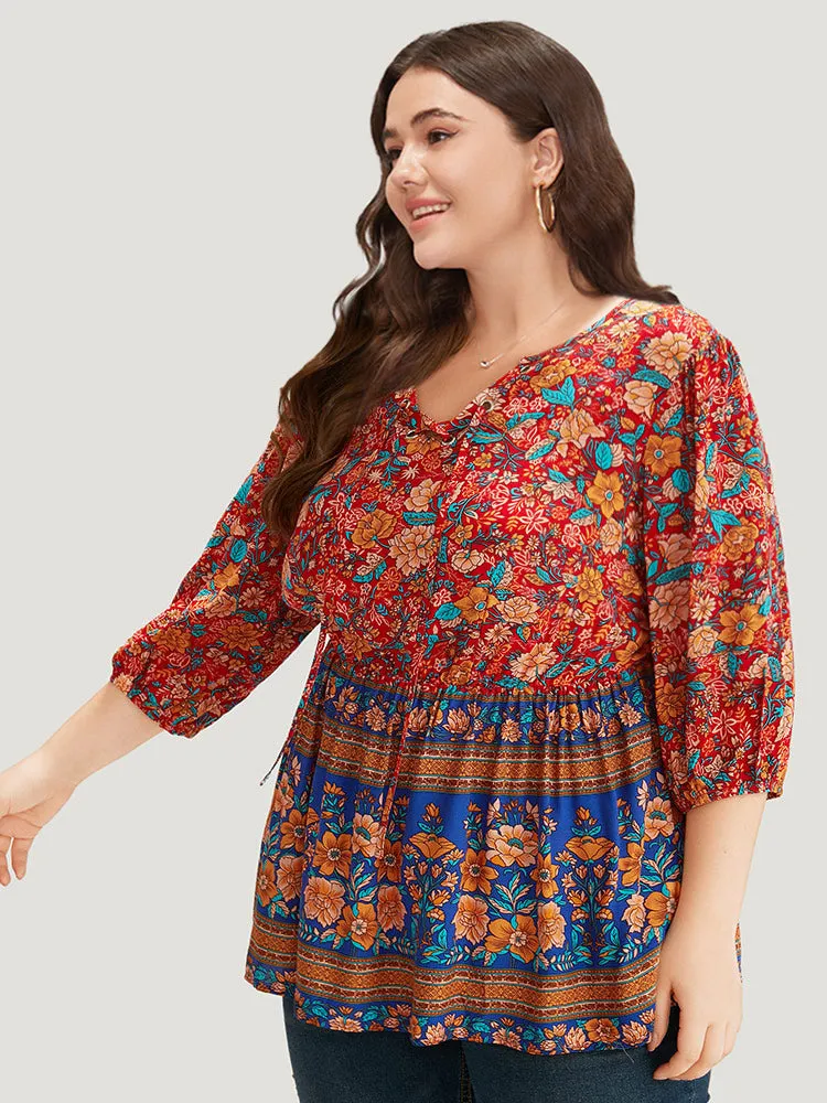 Boho Print Elastic Waist Lace Up Lantern Sleeve Blouse sold by Bloomchic product image thumbnail 2