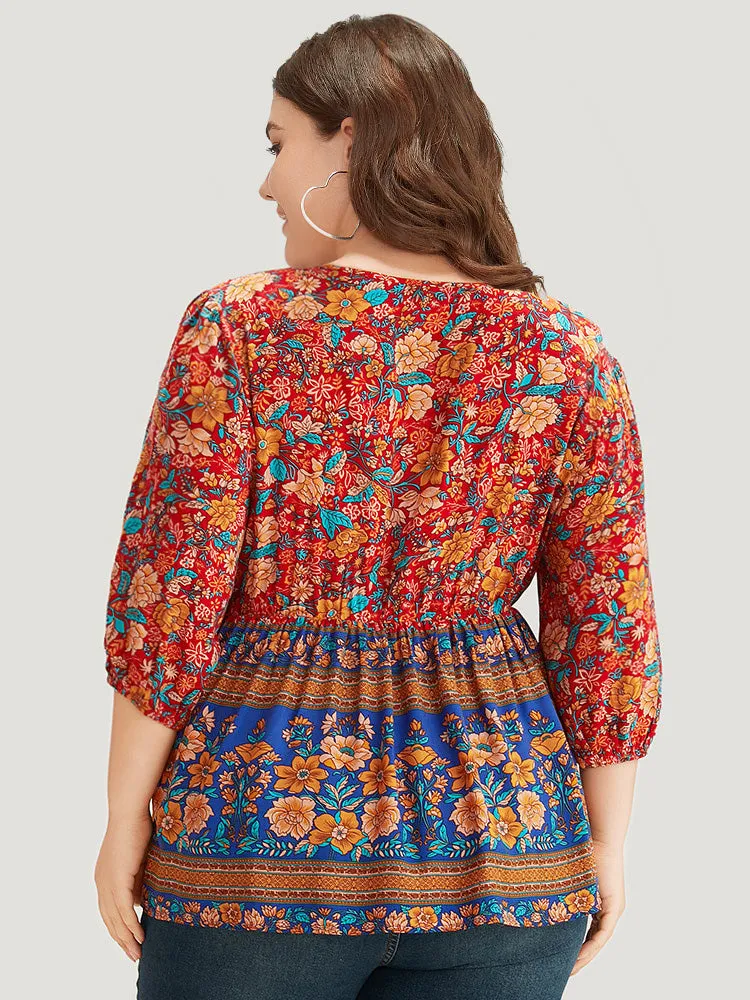 Boho Print Elastic Waist Lace Up Lantern Sleeve Blouse sold by Bloomchic product image thumbnail 5