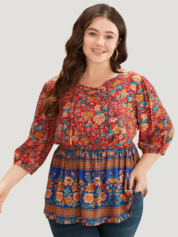 Boho Print Elastic Waist Lace Up Lantern Sleeve Blouse sold by Bloomchic product image thumbnail 3
