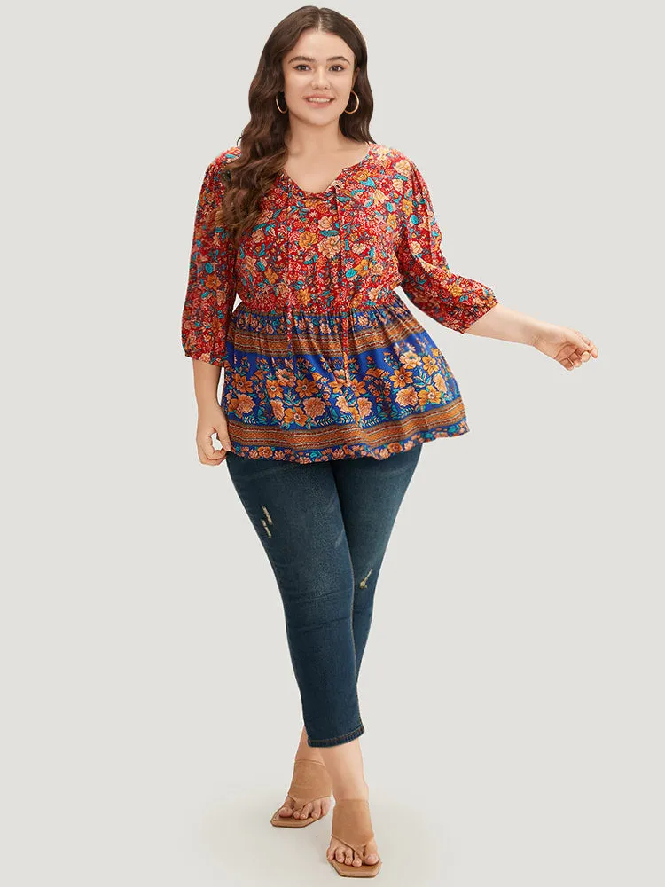 Boho Print Elastic Waist Lace Up Lantern Sleeve Blouse sold by Bloomchic product image thumbnail 4