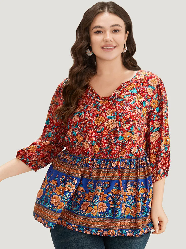 Boho Print Elastic Waist Lace Up Lantern Sleeve Blouse sold by Bloomchic