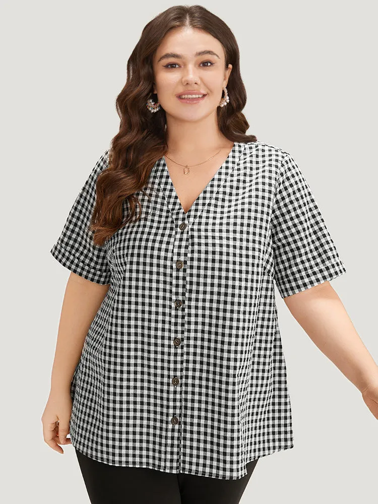 Gingham V Neck Button Through Blouse sold by Bloomchic