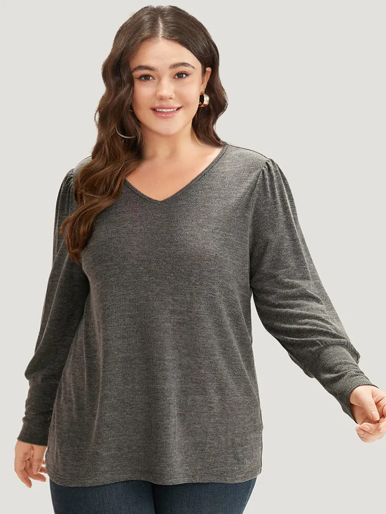 Plain Heather Elastic Cuffs Button Detail T-shirt sold by Bloomchic