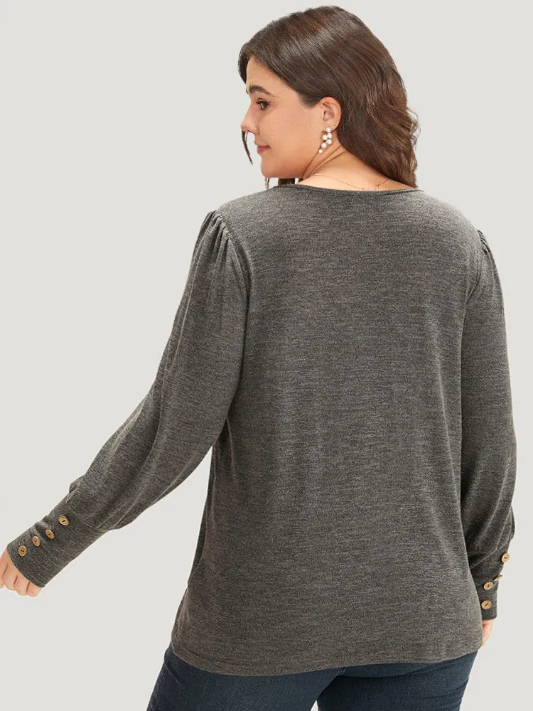 Plain Heather Elastic Cuffs Button Detail T-shirt sold by Bloomchic product image thumbnail 2