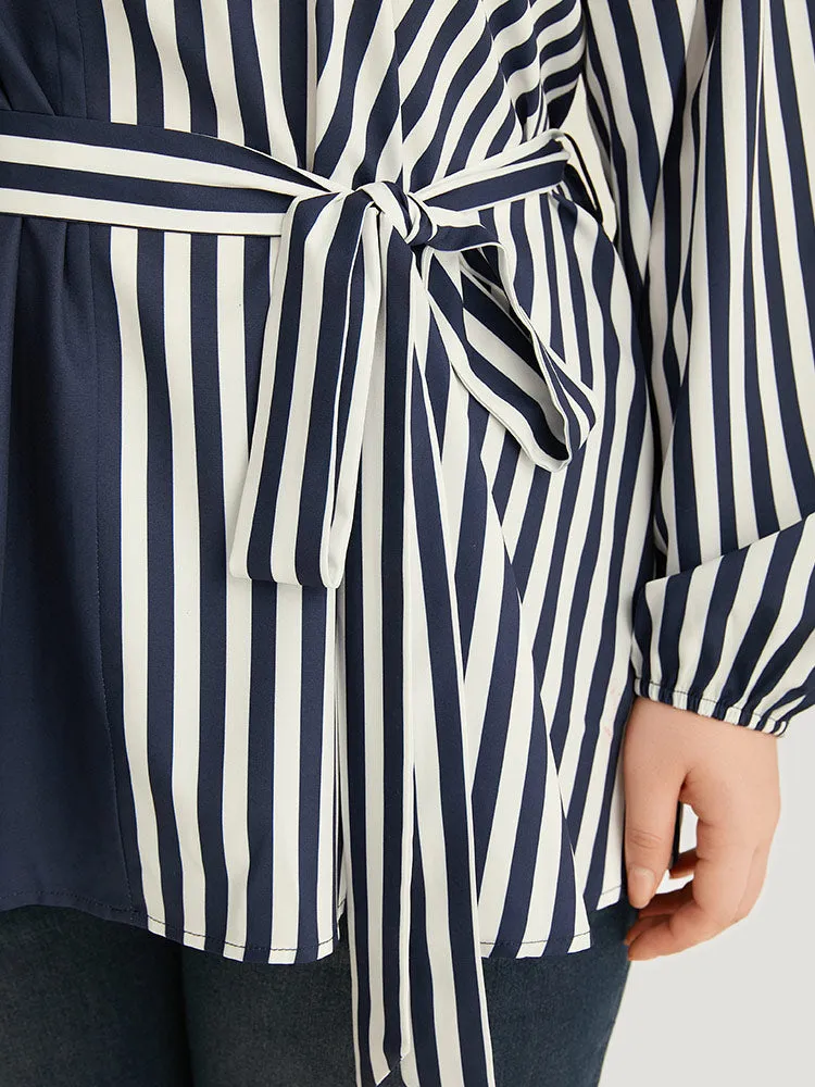 Striped Patchwork Notched Belted Lantern Sleeve Blouse sold by Bloomchic product image thumbnail 5