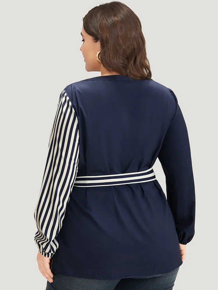 Striped Patchwork Notched Belted Lantern Sleeve Blouse sold by Bloomchic product image thumbnail 2