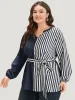 Striped Patchwork Notched Belted Lantern Sleeve Blouse sold by Bloomchic