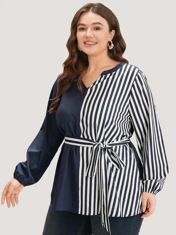 Striped Patchwork Notched Belted Lantern Sleeve Blouse sold by Bloomchic product image thumbnail 3