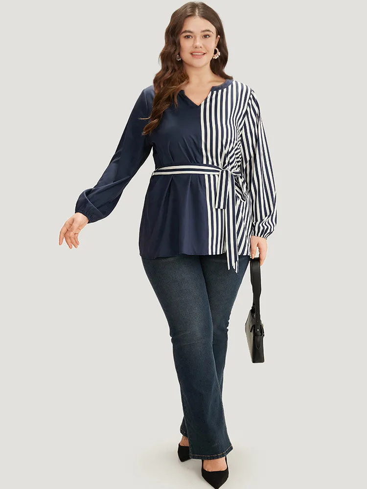 Striped Patchwork Notched Belted Lantern Sleeve Blouse sold by Bloomchic product image thumbnail 4