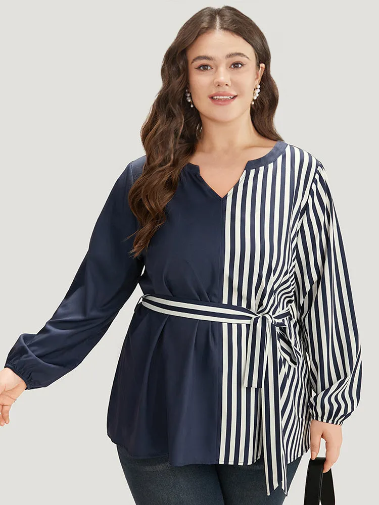 Striped Patchwork Notched Belted Lantern Sleeve Blouse sold by Bloomchic