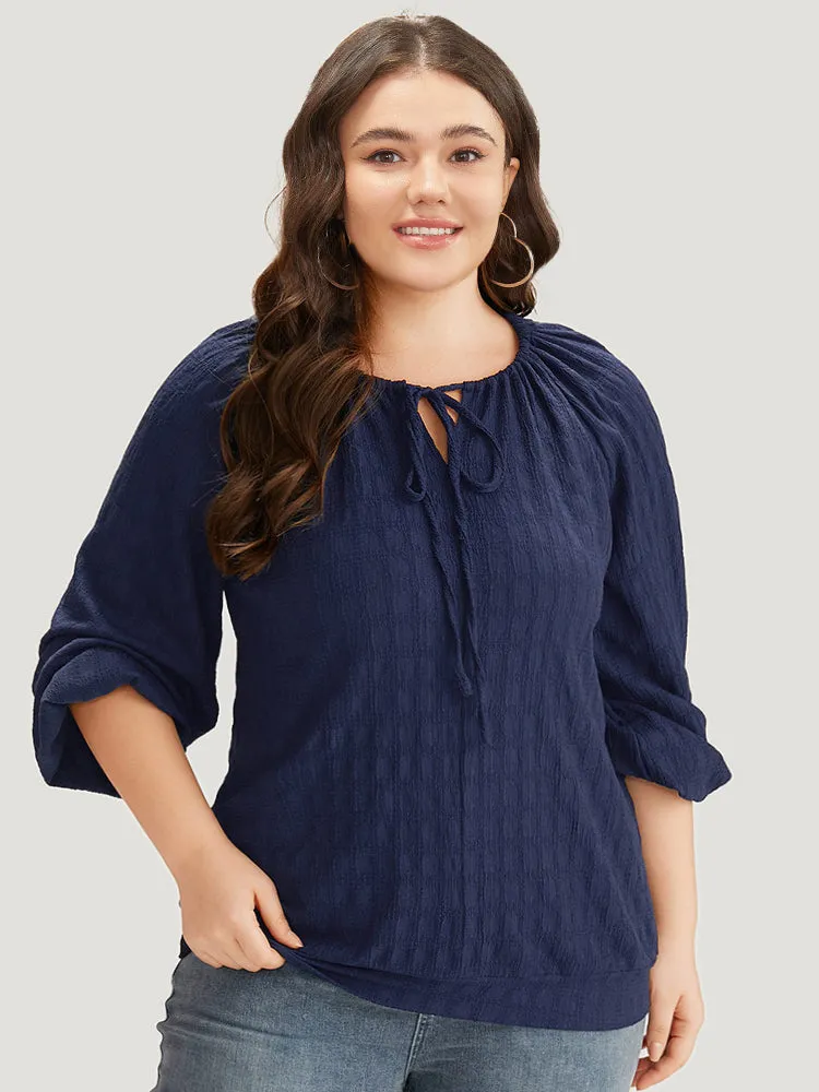 Plain Textured Tie Neck Lantern Sleeve T-shirt sold by Bloomchic product image thumbnail 5