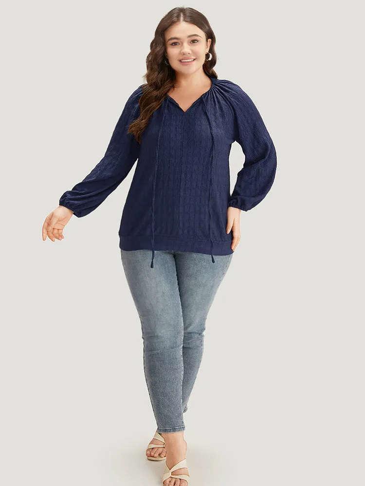 Plain Textured Tie Neck Lantern Sleeve T-shirt sold by Bloomchic product image thumbnail 4