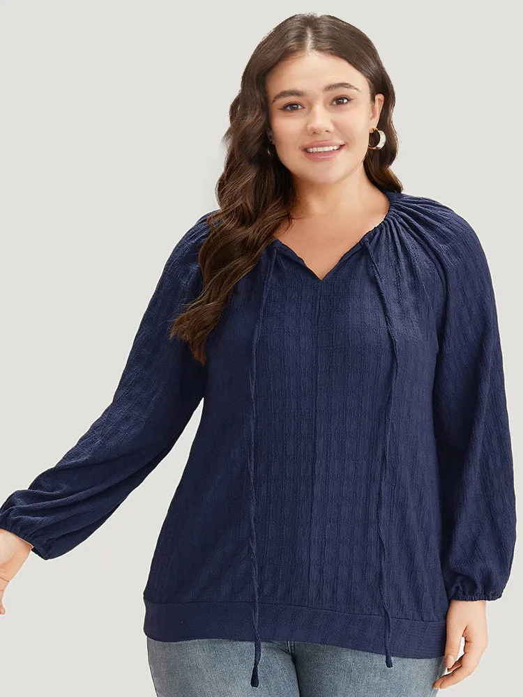 Plain Textured Tie Neck Lantern Sleeve T-shirt sold by Bloomchic