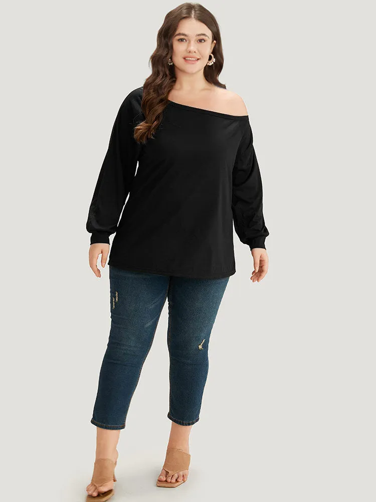 Plain One Shoulder Button Detail Elastic Cuffs T-shirt sold by Bloomchic product image thumbnail 4