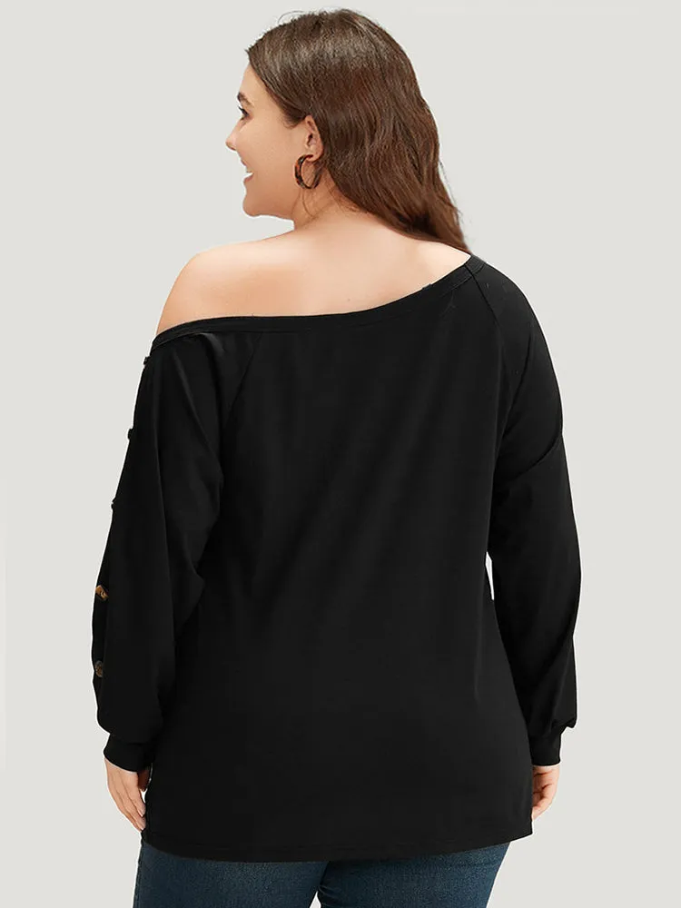 Plain One Shoulder Button Detail Elastic Cuffs T-shirt sold by Bloomchic product image thumbnail 2