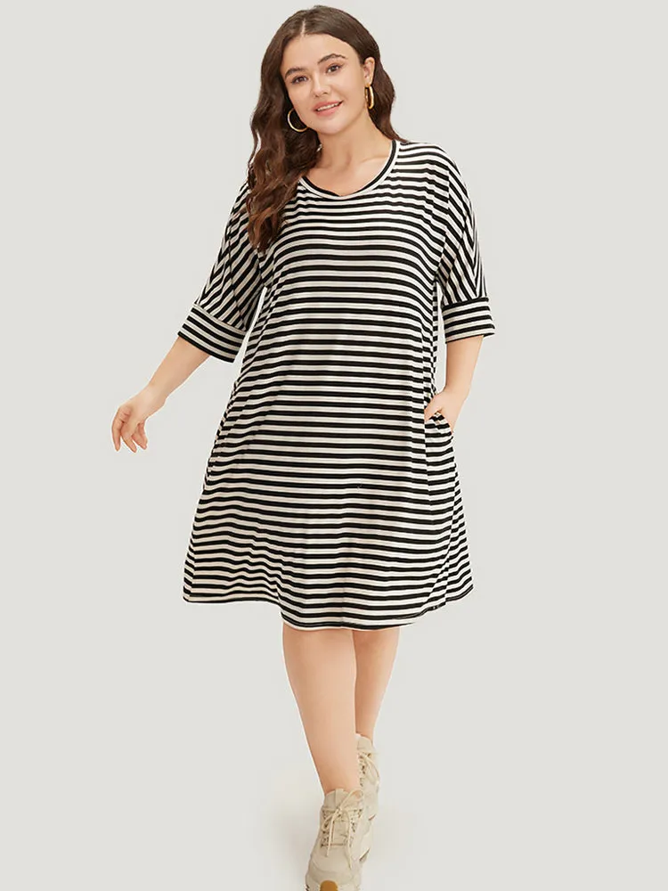 Supersoft Essentials Striped Pocket Crew Neck Batwing Sleeve Dress sold by Bloomchic