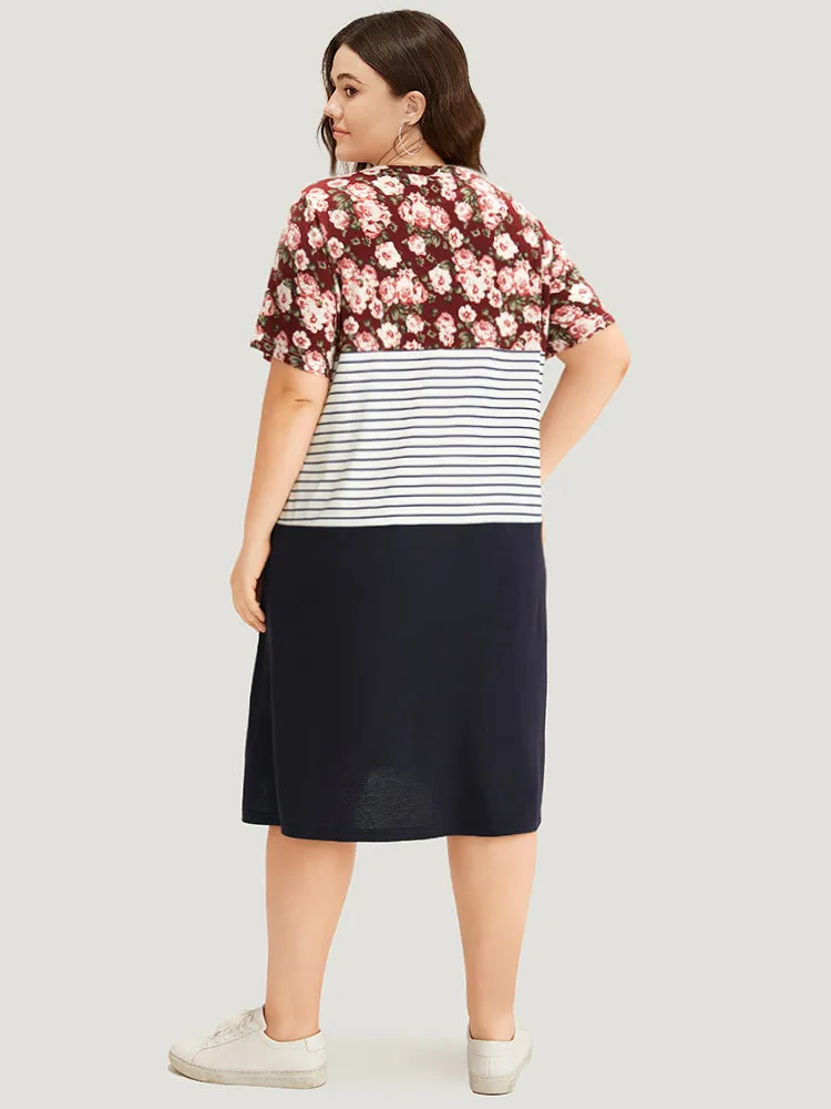 Floral Striped Patchwork Pocket Round Neck Dress sold by Bloomchic product image thumbnail 3