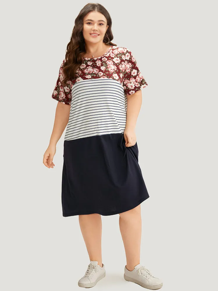 Floral Striped Patchwork Pocket Round Neck Dress sold by Bloomchic product image thumbnail 4