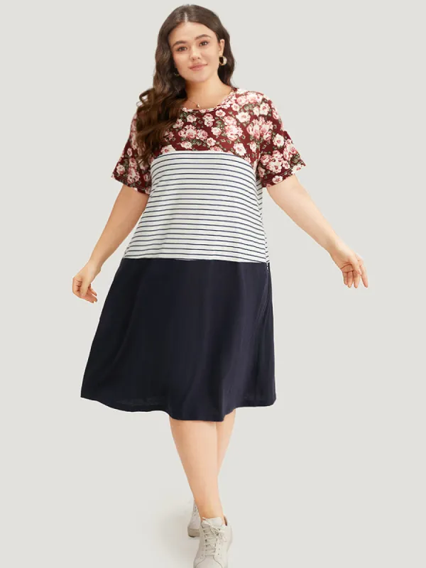Floral Striped Patchwork Pocket Round Neck Dress sold by Bloomchic