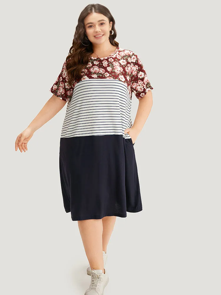 Floral Striped Patchwork Pocket Round Neck Dress sold by Bloomchic product image thumbnail 5