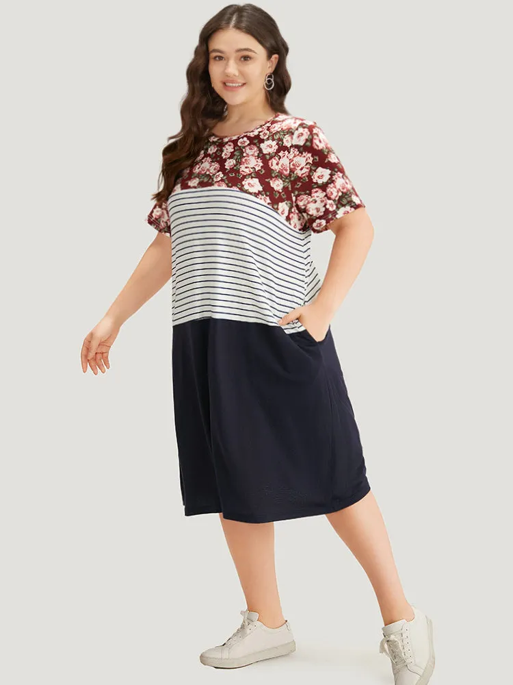 Floral Striped Patchwork Pocket Round Neck Dress sold by Bloomchic product image thumbnail 2