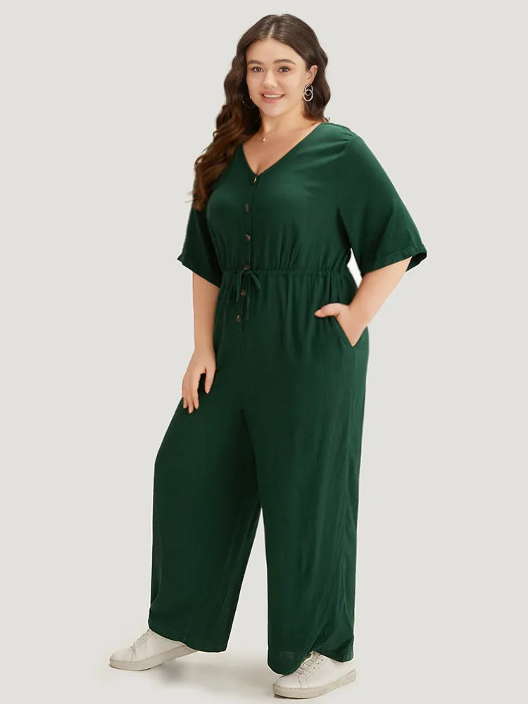 Plain Textured V Neck Pocket Button Through Drawstring Jumpsuit sold by Bloomchic product image thumbnail 2