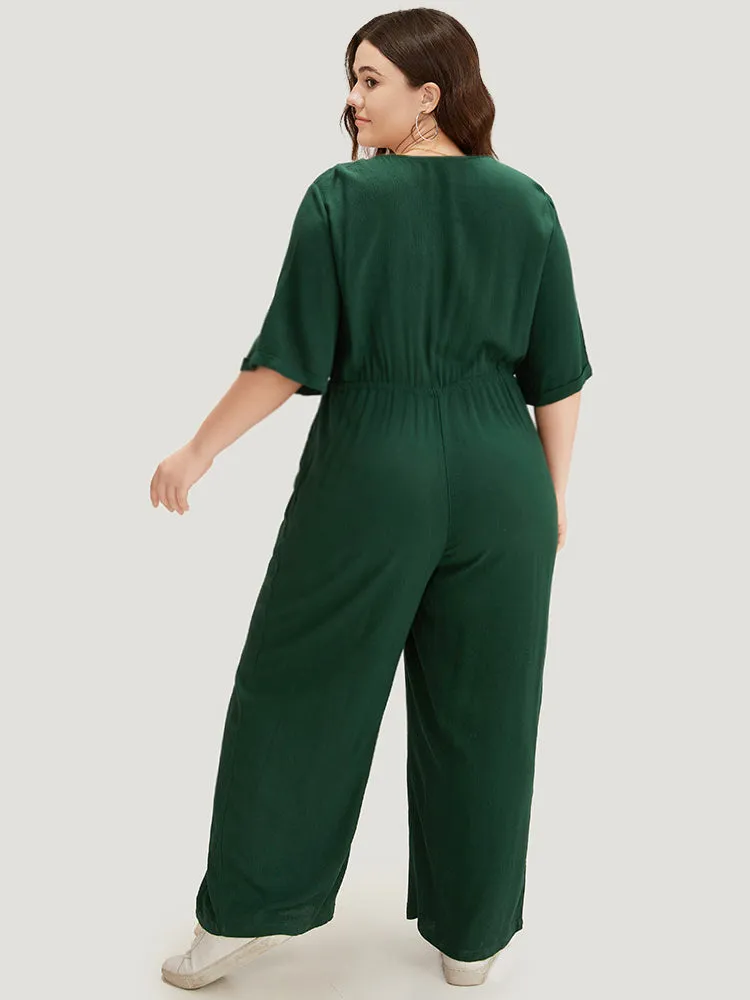 Plain Textured V Neck Pocket Button Through Drawstring Jumpsuit sold by Bloomchic product image thumbnail 3