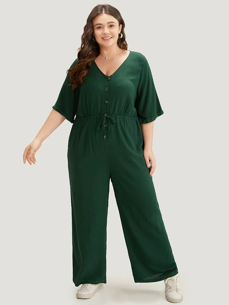 Plain Textured V Neck Pocket Button Through Drawstring Jumpsuit sold by Bloomchic product image thumbnail 4
