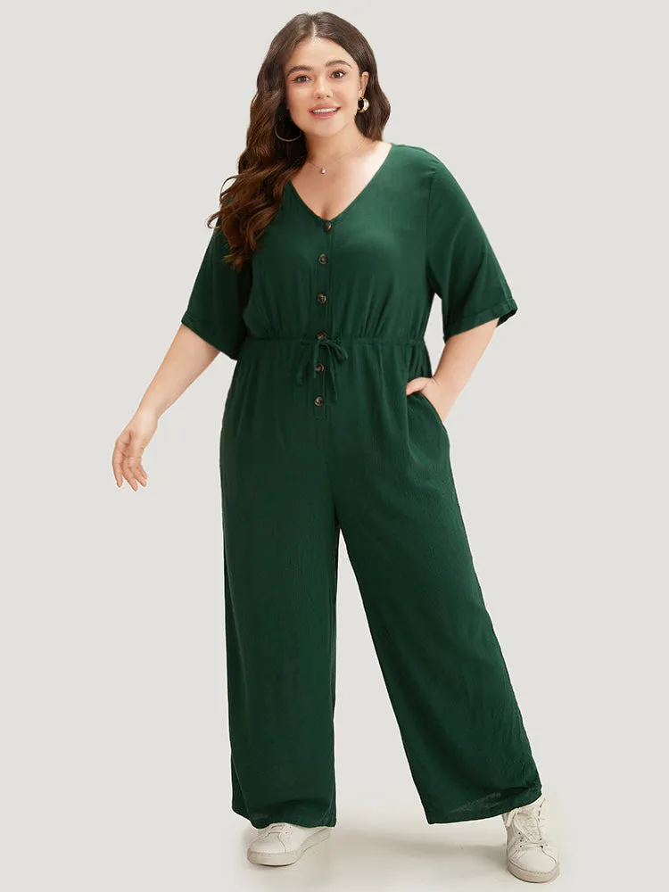 Plain Textured V Neck Pocket Button Through Drawstring Jumpsuit sold by Bloomchic