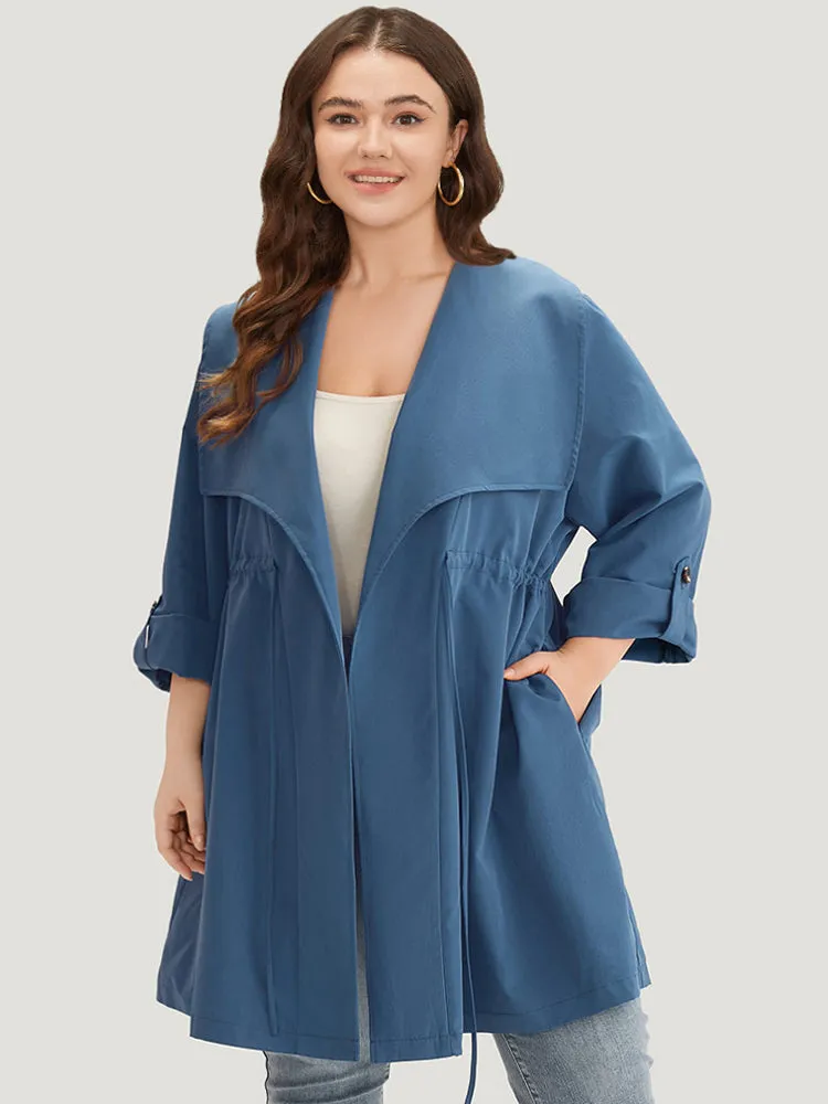 Plain Drawstring Pocket Lapel Collar Tab Sleeve Coat sold by Bloomchic