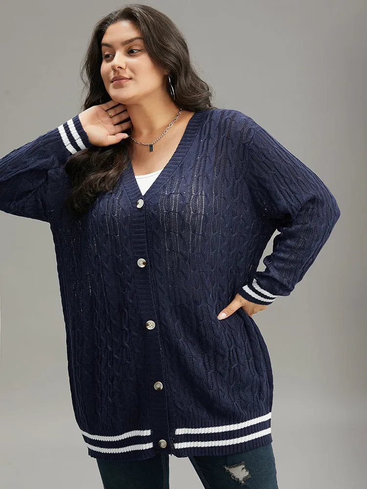 Cable Knit Striped Patchwork Button Through Cardigan sold by Bloomchic product image thumbnail 3