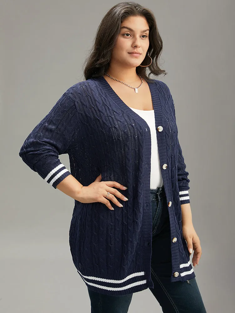 Cable Knit Striped Patchwork Button Through Cardigan sold by Bloomchic product image thumbnail 4