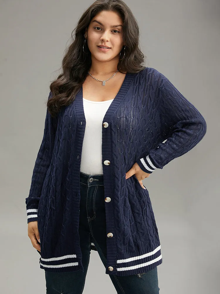 Cable Knit Striped Patchwork Button Through Cardigan sold by Bloomchic