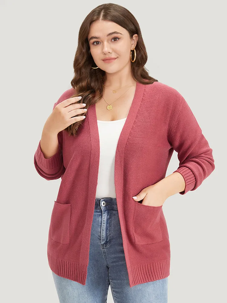 Solid Patched Pocket Open Front Long Sleeve Cardigan sold by Bloomchic