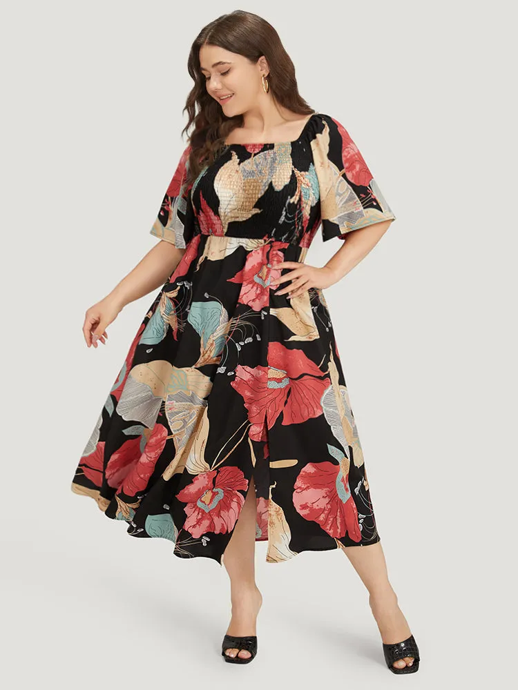 Floral Print Shirred Square Neck Flutter Hem Dress sold by Bloomchic product image thumbnail 4