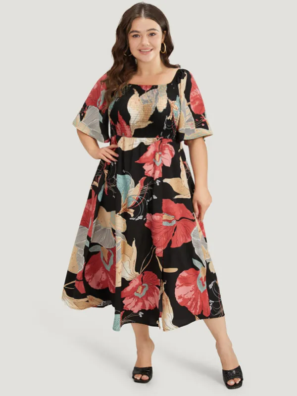 Floral Print Shirred Square Neck Flutter Hem Dress sold by Bloomchic