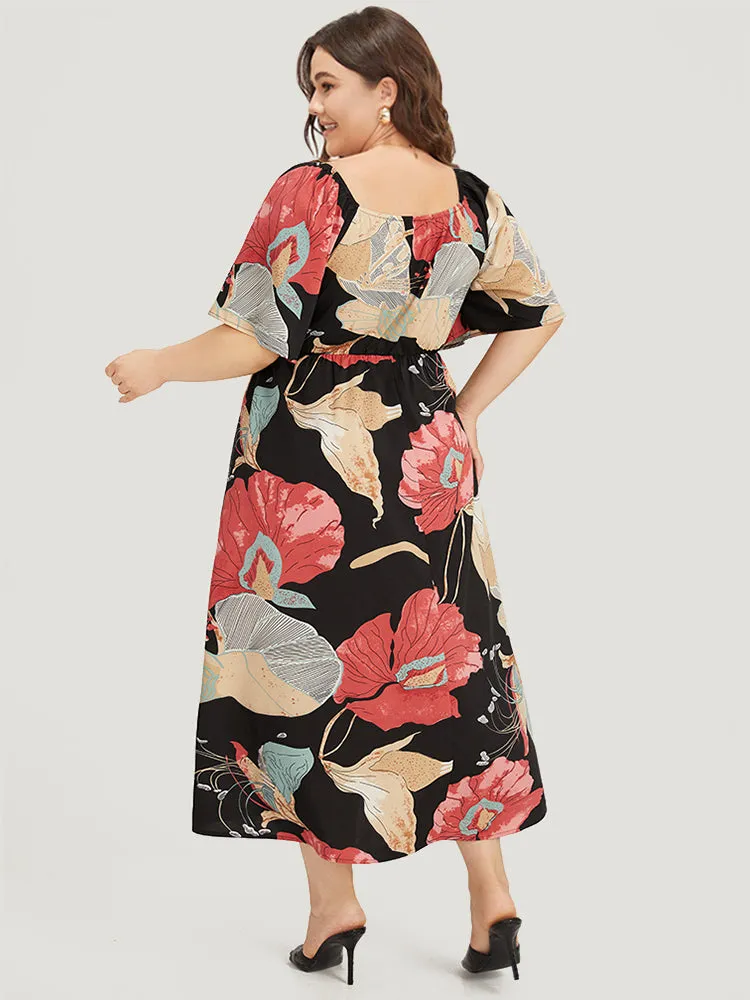 Floral Print Shirred Square Neck Flutter Hem Dress sold by Bloomchic product image thumbnail 2