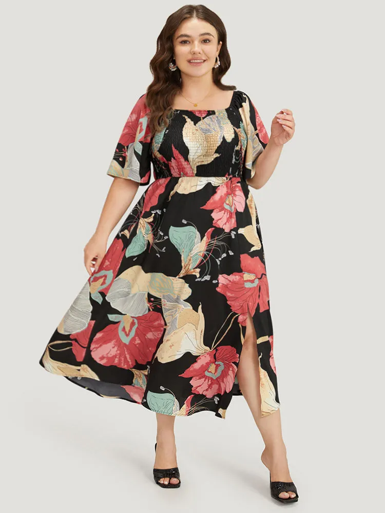 Floral Print Shirred Square Neck Flutter Hem Dress sold by Bloomchic product image thumbnail 3