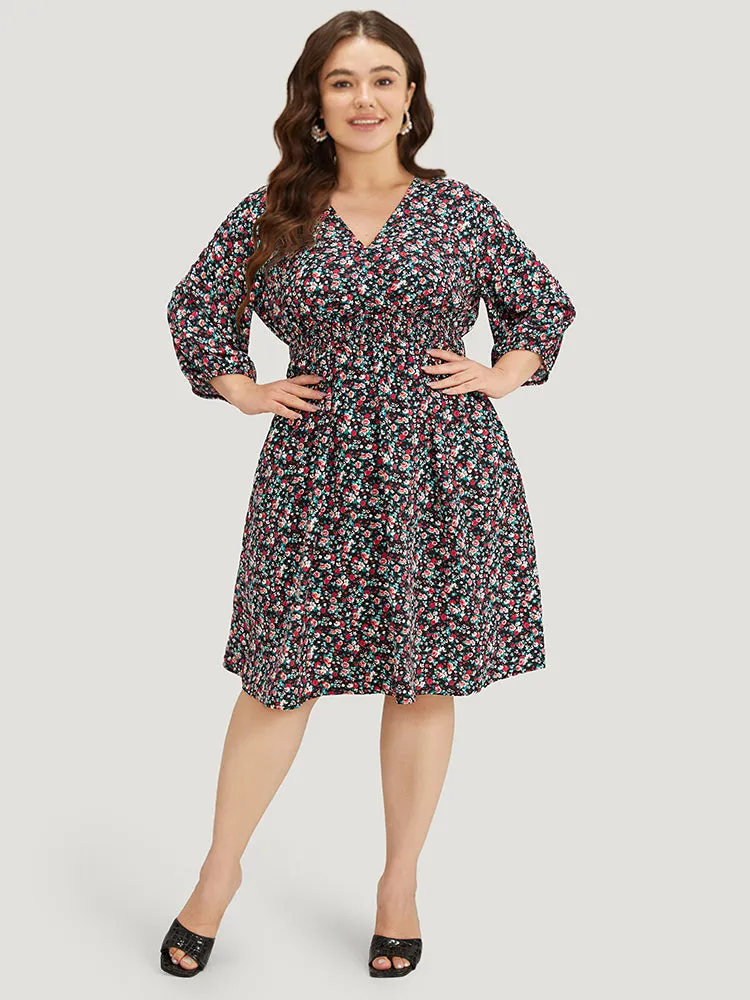 Ditsy Floral Shirred Pocket Lantern Sleeve Dress sold by Bloomchic product image thumbnail 4
