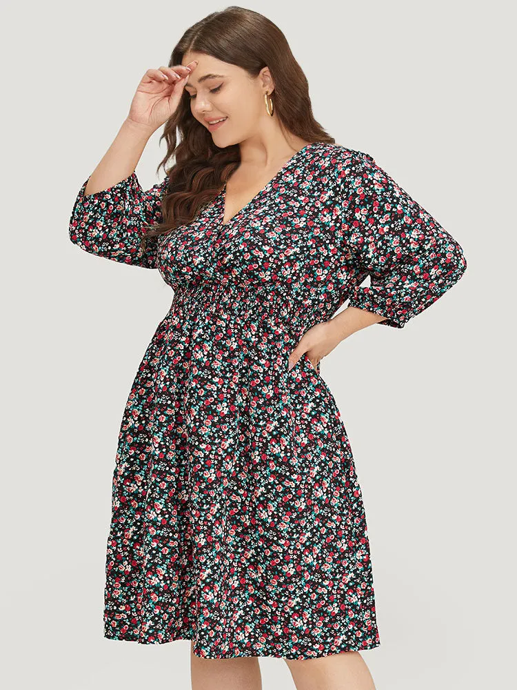 Ditsy Floral Shirred Pocket Lantern Sleeve Dress sold by Bloomchic