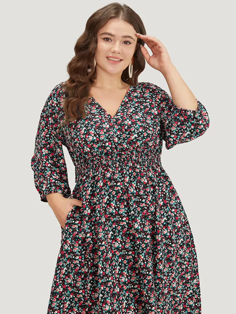 Ditsy Floral Shirred Pocket Lantern Sleeve Dress sold by Bloomchic product image thumbnail 5