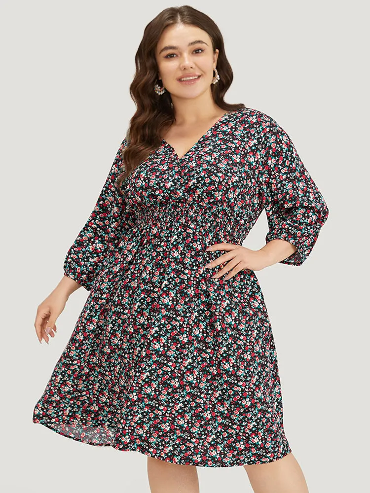 Ditsy Floral Shirred Pocket Lantern Sleeve Dress sold by Bloomchic product image thumbnail 2